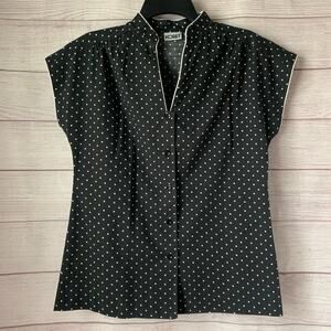 Vintage Koret Black with White Polka Dots Button Up Shirt Mandarin Neckline